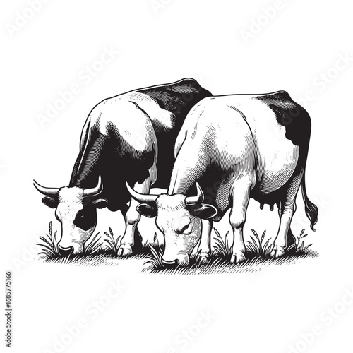 Black and White Vector Illustration of Cows Grazing in a Field