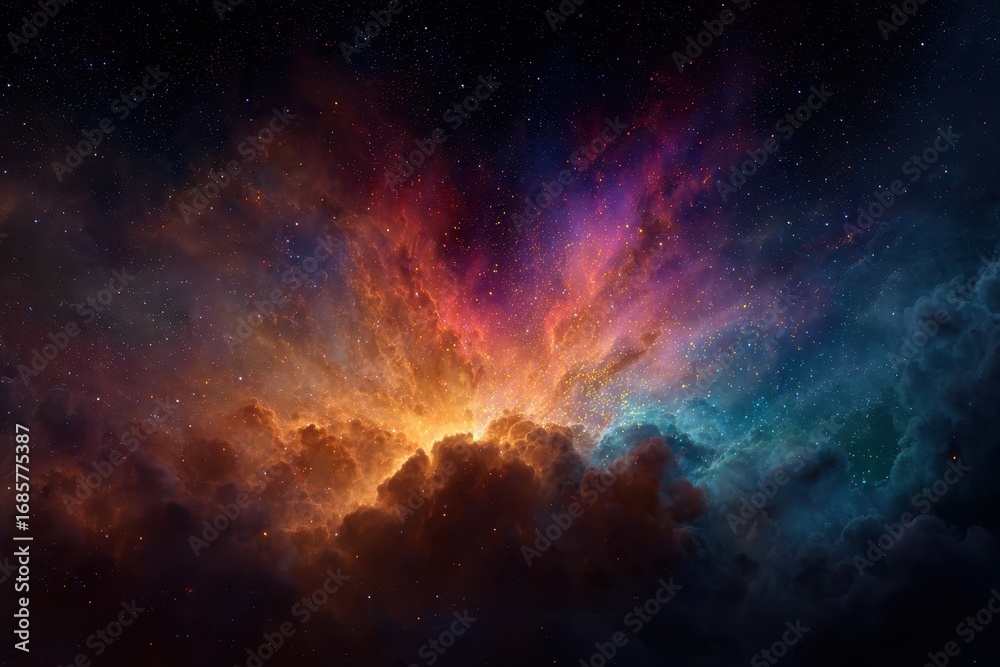 Naklejka premium Vibrant nebula bursts forth with an explosion of color against a dark cosmic backdrop, showcasing the beauty of interstellar hydrogen clouds and stardust