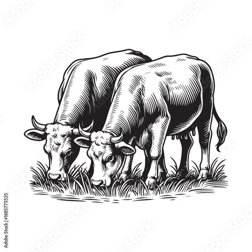 Black and White Vector Illustration of Cows Grazing in a Field