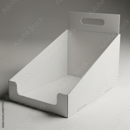 A simple white cardboard display stand with a handle cutout isolated on white background
