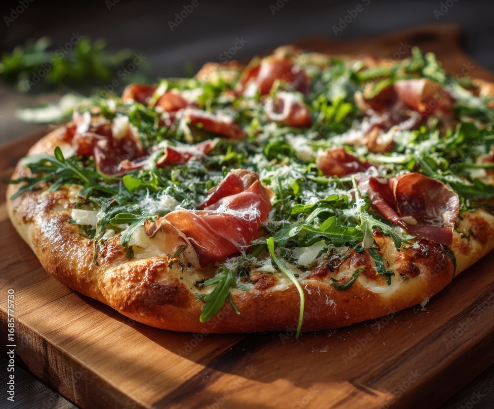 Pizza with Parma ham and arugula. Fresh and rustic Italian delight. Pizza with Parma ham and arugula. Fresh and rustic Italian delight.