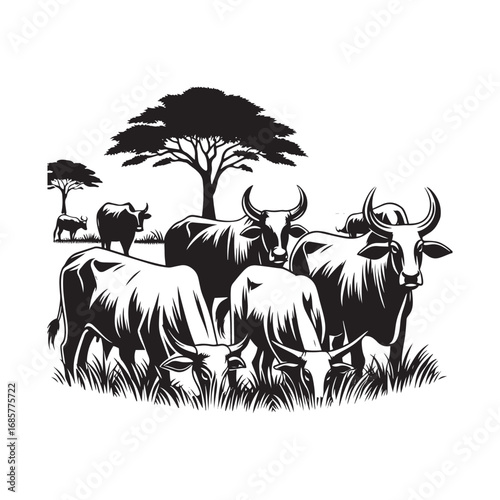 Black and White Vector Illustration of Cows Grazing in a Field