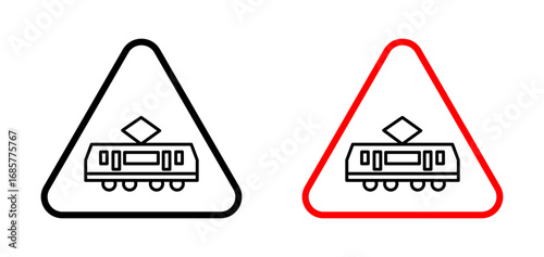 Tramway caution traffic signs set. vector illustration