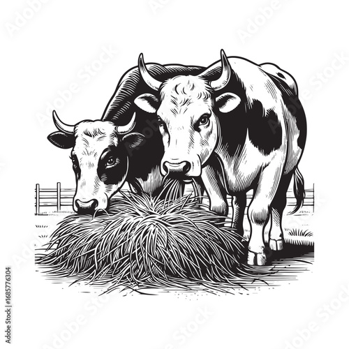 Black and White Vector Illustration of Cows Grazing in a Field