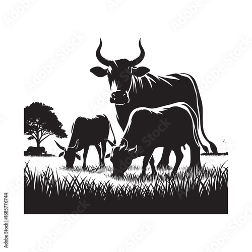 Black and White Vector Illustration of Cows Grazing in a Field