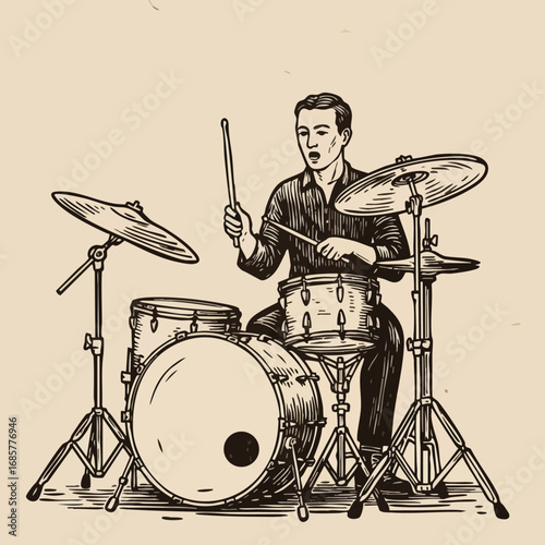 Male drummer playing drum set with sticks vintage style vector illustration for music and entertainment designs
