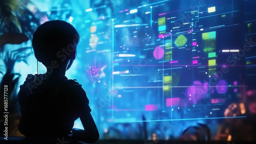 Wallpaper Mural Young explorer observing holographic data in futuristic jungle environment Torontodigital.ca