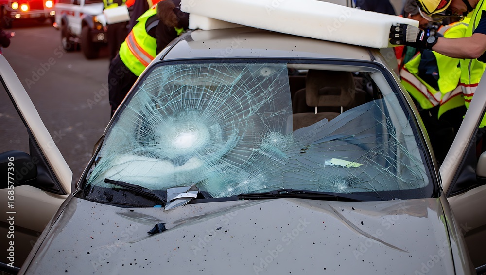 Obraz premium Emergency Responders Carefully Remove Debris After Serious Vehicle Accident