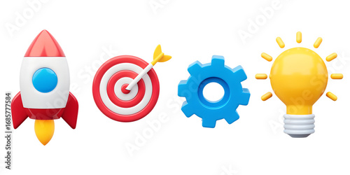 Start up Rocket, Setting , Target with Arrow , Light Bulb for Ideas , target landing web page. Business finance, Marketing goal success, target achievement concept. cartoon icon minimal. 3d render