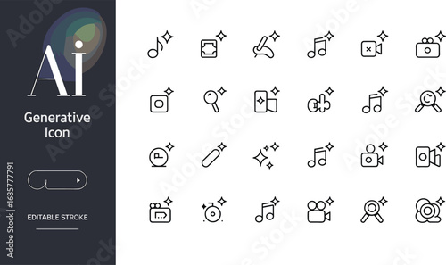 AI generative icons, artificial intelligence symbols, creative design tools, music video graphics, digital media outline, editable stroke vector, innovation technology illustration