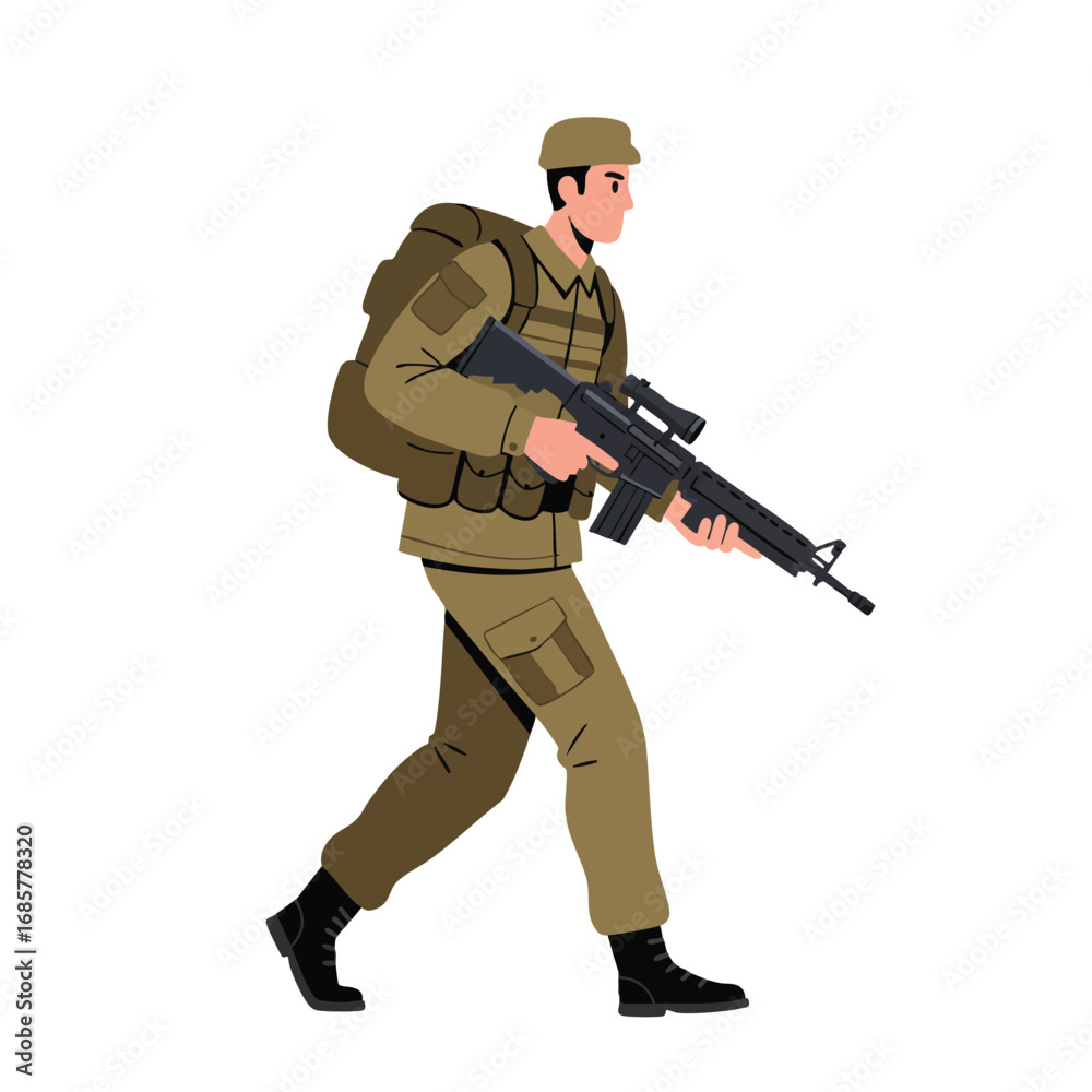 Fototapeta premium Soldier walking with rifle in military uniform and tactical gear vector illustration 