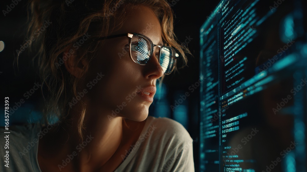 Young woman focused on coding while working in a dark tech environment at night Young woman focused on coding while working in a dark tech environment at night