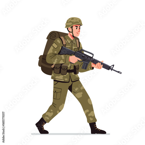 Soldier in camouflage uniform holding rifle walking with backpack military infantry infantryman vector illustration 