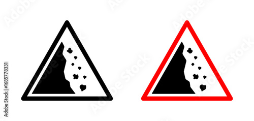 Falling rocks or debris warning road signs set. vector illustration