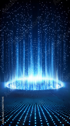 Futuristic digital music equalizer with glowing blue lights and sparkling stars creates mesmerizing atmosphere