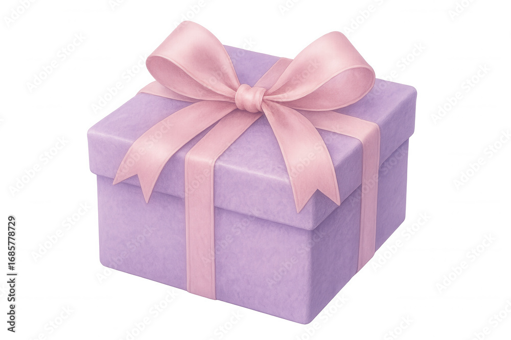 Obraz premium Elegant lavender gift box featuring soft pink ribbon, resting on transparent surface, symbolizing celebration and thoughtful gifting