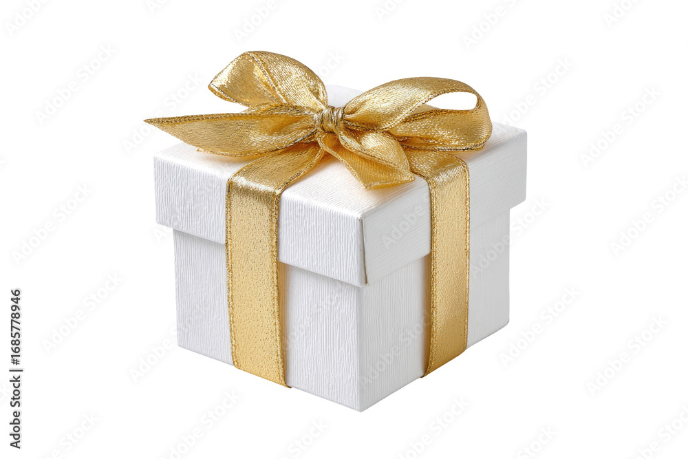Obraz premium Small white gift box with gold ribbon