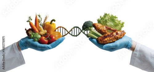 Two hands in blue gloves hold different food groups, one with vegetables and the other with chicken and vegetables. A DNA strand connects the two hands