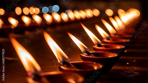 Serene Rows of Oil Lamps Burning Brightly, Illuminating a Path of Peace and Tranquility