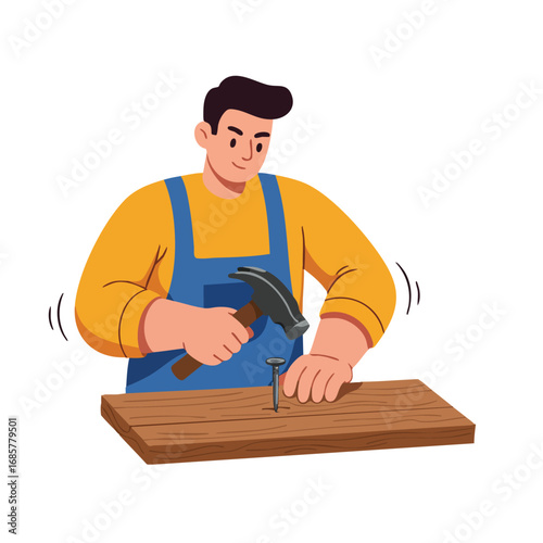 Man using hammer to drive nail into wooden plank home improvement and carpentry work vector illustration 