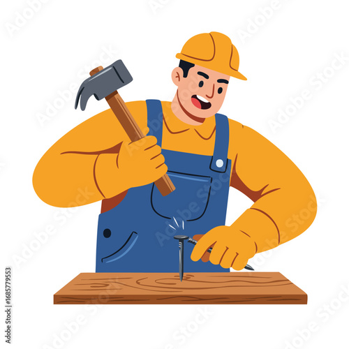 Construction worker hammering nail in wooden plank wearing yellow helmet and gloves vector illustration 