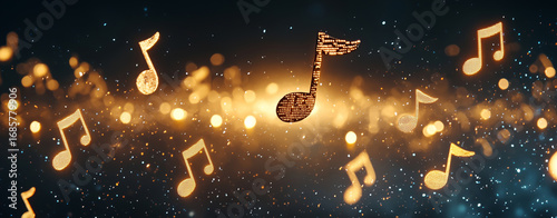 Floating music notes create magical atmosphere with shimmering lights and vibrant background, evoking sense of joy and creativity