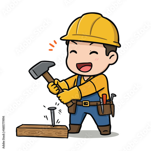 Construction worker cartoon character smiling and hammering nail with safety helmet and gloves vector illustration 