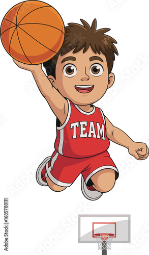 Cartoon basketball player boy illustration, jumping slam dunk action, sports character design, athlete in red jersey uniform, fun vector artwork