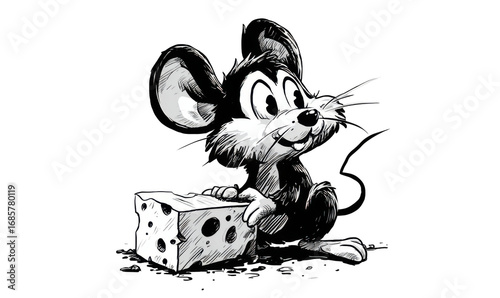 Cute cartoon mouse with a piece of cheese