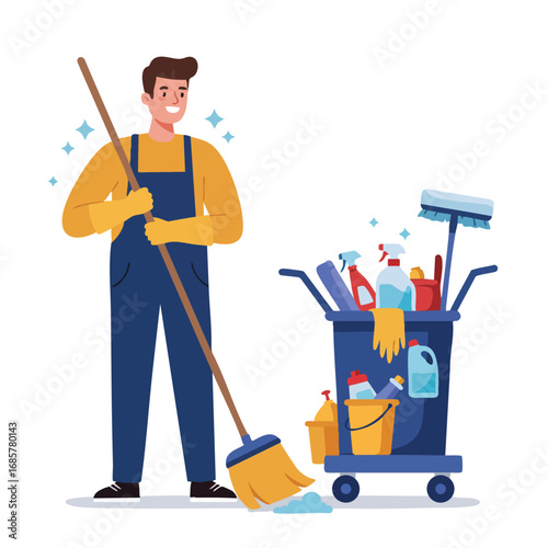 Male janitor cleaning floor with mop and cleaning cart full of supplies in illustration style vector 