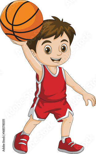 Cartoon boy basketball player holding ball, child athlete in red uniform, kids sports activity illustration, fun game, youth sport vector design