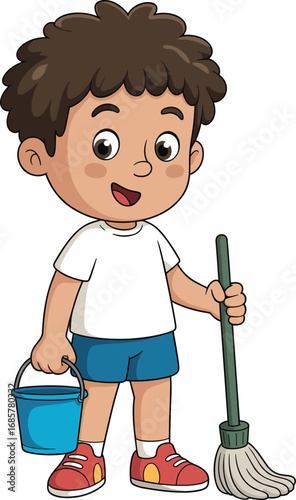 Cartoon boy cleaning with mop and bucket, happy child doing household chores illustration, kids activity, home cleaning vector, daily routine artwork