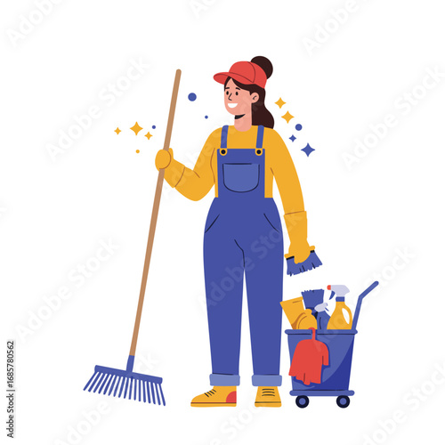 Woman in blue overalls and red cap holding rake with cleaning supplies cart illustration vector 