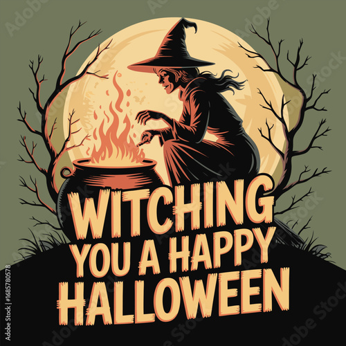 Witch brewing potion under full moon halloween cauldron