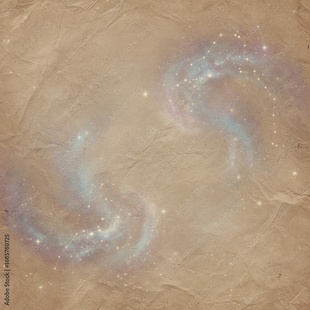 Fototapeta premium Ancient parchment texture with cosmic galaxy constellation overlay