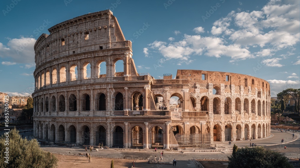 Fototapeta premium Colosseum stands majestically in Rome under a bright blue sky during late afternoon
