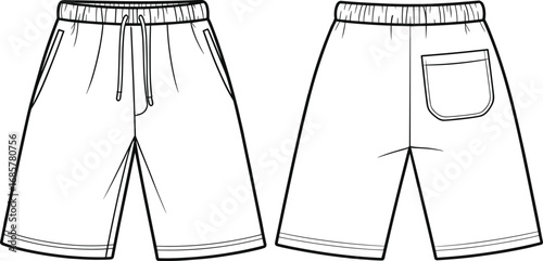 Technical fashion drawing of men's shorts front and back view with drawstring waist, patch pocket, stitching, and construction details