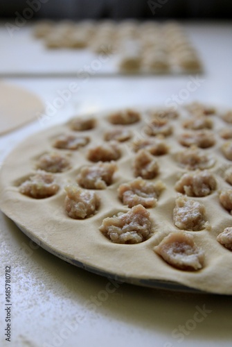 Homemade dumplings with meat filling in mold