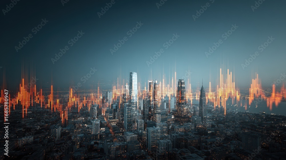 Fototapeta premium City skyline with vibrant sound wave overlay at dusk shows urban life in action and creativity