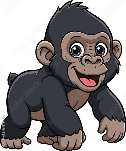 Cartoon gorilla illustration, cute baby monkey drawing, funny ape artwork, jungle animal clipart, happy chimp character, playful wildlife design, smiling gorilla