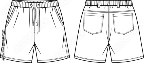 Vector technical sketch of casual shorts front and back views with drawstring waist, belt loops, patch pockets, and stitching details