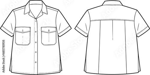 Vector technical sketch of short-sleeve button-up shirt front and back views with flap pockets, box pleat, collar, and side slits