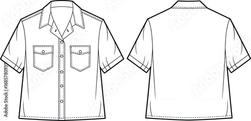 Vector technical sketch of short-sleeve button-up shirt front and back views with flap pockets, cuffed sleeves, yoke, and topstitching details