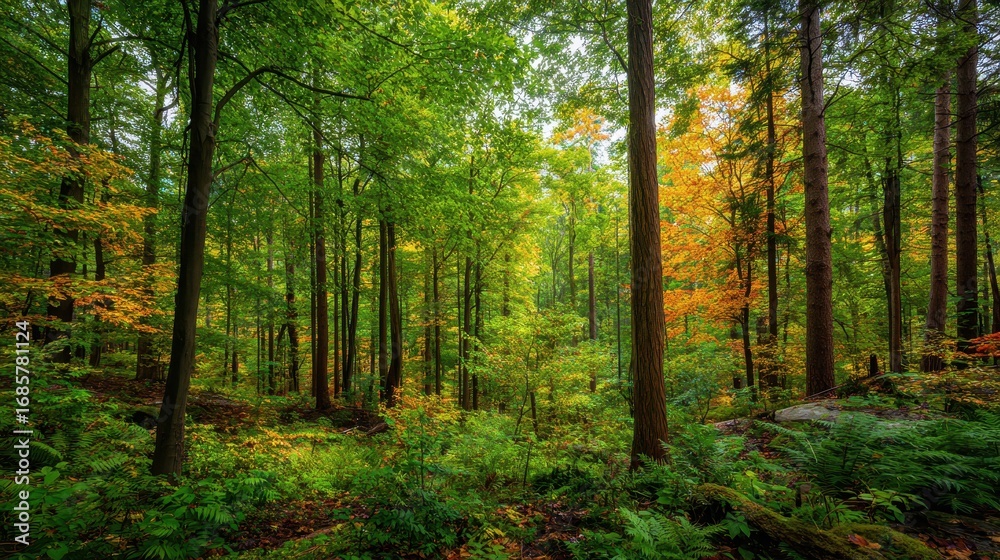 Naklejka premium Lush forest colors in autumn showcasing vibrant foliage in a peaceful woodland setting