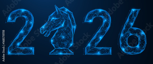 Happy New Year, the smart move of 2026, where instead of zero there is a chess horse piece. Low-poly design of interconnected lines and dots, blue background.