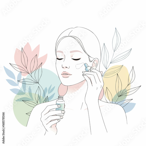 Woman applying face serum, skincare routine, beauty product.