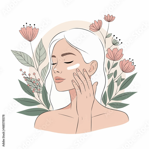 Elegant illustration of a woman applying face cream, surrounded by delicate pink flowers and lush green leaves.