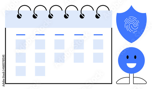 Spiral calendar with date blocks, shield with fingerprint, and smiling face. Ideal for scheduling, time management, security, identity protection, planning organization productivity. Simple flat