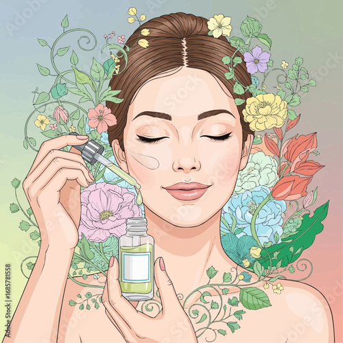 A woman with her eyes closed, applying serum from a dropper to her cheek, surrounded by colorful flowers and green leaves.