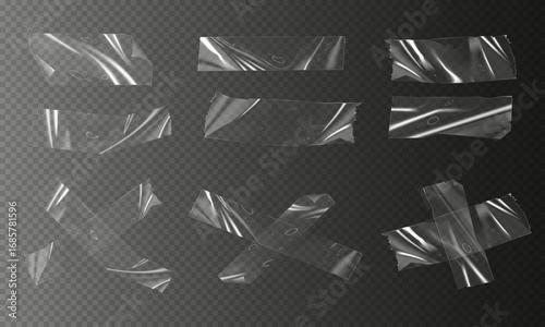 Transparent adhesive tape strips set. Clear plastic scotch pieces with twisted and folded edges. Transparent tape mockup design.
